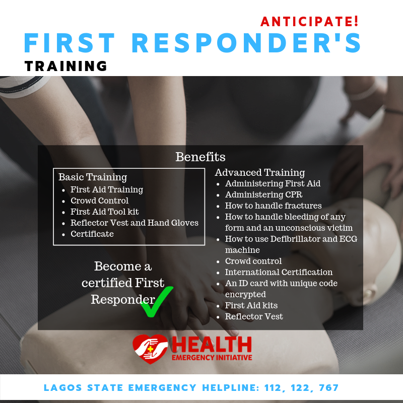 HEI First Responder training description that includes both basic training and advanced training. Basic training includes first aid training, crowd control, first aid tool kit and other benefits. Advanced training includes CPR administration, handling fractures, bleeding and more.